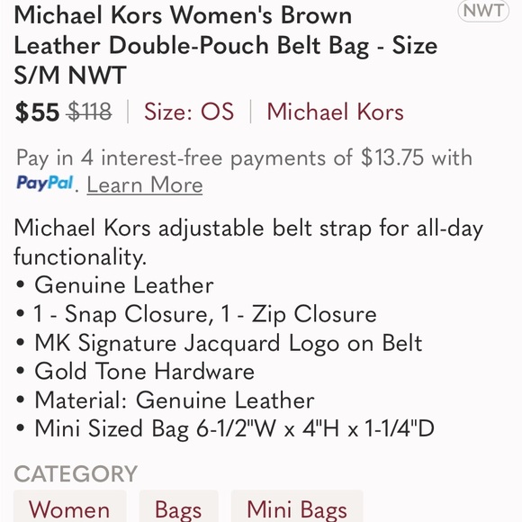 NWT Michael Kors Womens Brown Leather Double Pounch bag on belt. - Picture 4 of 10